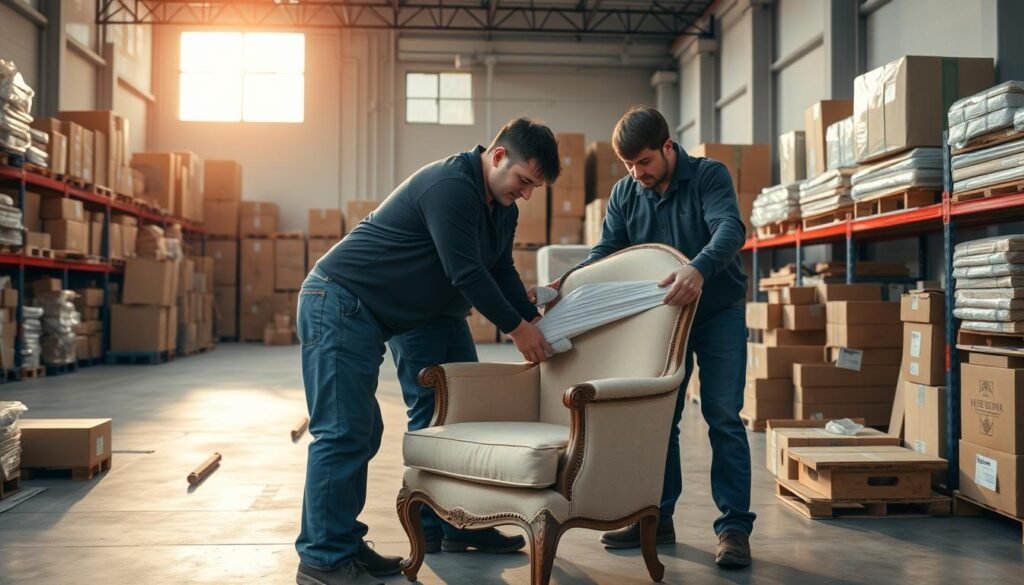 A spacious, well-lit warehouse interior with rows of neatly stacked cardboard boxes and crates. Sunlight streams in through large windows, casting a warm glow over the scene. In the foreground, a team of professional furniture movers carefully wrap and secure a delicate antique armchair, their movements precise and practiced. Shelves along the walls display a variety of packing materials, from bubble wrap to specialized containers. The overall atmosphere conveys a sense of order, security, and expertise in the art of safe storage and transportation. A spacious, well-lit warehouse interior with rows of neatly stacked cardboard boxes and crates. Sunlight streams in through large windows, casting a warm glow over the scene. In the foreground, a team of professional furniture movers carefully wrap and secure a delicate antique armchair, their movements precise and practiced. Shelves along the walls display a variety of packing materials, from bubble wrap to specialized containers. The overall atmosphere conveys a sense of order, security, and expertise in the art of safe storage and transportation.